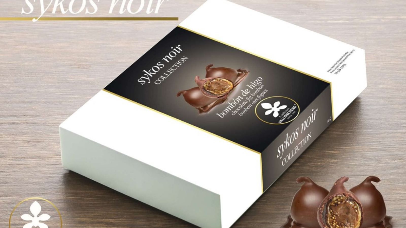 Colección SYKOS, bobones de higo recubierto con una capa de diferentes chocolates, puro 67% cacao, blanco y ruby.
Packaging estuche de 10 bombones