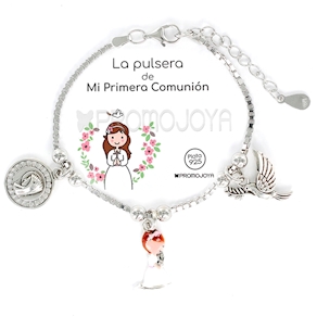 Pulsera para niña de comunión plata de Ley con cadena veneciana rodiada con 3 colgantes (niña,medalla,paloma)
