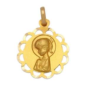 Medalla Virgen Niña de oro amarillo de 18 Kl. Diámetro de 17mm