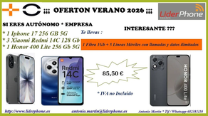 🔥 ¡¡ NO TE LA PIERDAS — OFERTÓN VERANO 2026 !!  Si eres autónomo o tienes una empresa, esto es para ti 👇  📦 TODO INCLUIDO en un solo pack:  📡 Fibra 1 Gb + 5 líneas móviles con llamadas y datos ILIMITADOS 📱 1 × iPhone 17 📱 3 × Xiaomi Redmi 14C 📱 1 ×
